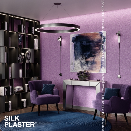 Жидкие обои SILK PLASTER пурпурного цвета в интерьере гостиной 2021/22